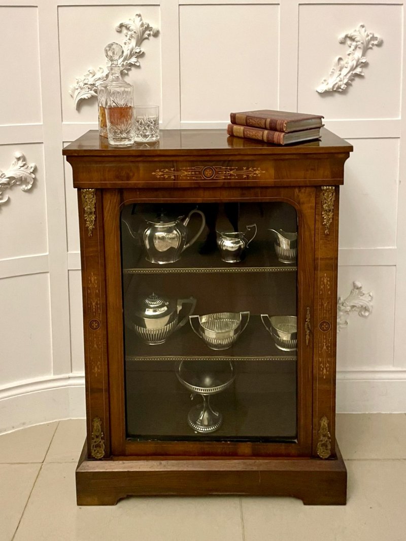 Antique Victorian Quality Figured Walnut Satinwood Inlaid Display Cabinet - Image 2